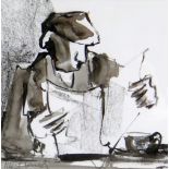 MIKE JONES mixed media - figure at a table reading a newspaper, signed, 15 x 15cms