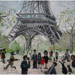 NICK HOLLY mixed media on canvas - Parisienne scene with figures, entitled verso 'Family