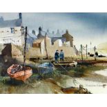 MALCOLM EDWARDS watercolour - harbour scene with cottages, figures & boats, signed, 17 x 22cms