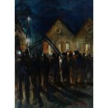 VALERIE GANZ gouache - crowd of colliery workers at dusk, signed, 45 x 32cms