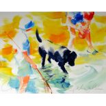 JAKE SUTTON watercolour - colourful seaside scene depicting figures & dog, entitled to front '
