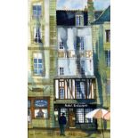 RAY EVANS watercolour - old French street with figure, signed, 23 x 14cms