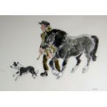 SIR KYFFIN WILLIAMS RA watercolour & pencil - farmer with horse & sheep dog, entitled verso on