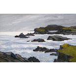 DAVID BARNES oil on board - coastal landscape, signed & entitled verso 'Rocks Near Trearddur', 50