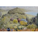 FELICITY CHARLTON oil on board - 1993, Porthkerry beach scene with studies of objects at forefront