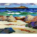 DONALD McINTYRE acrylic - sunny coastal scape with distant island, signed in full & entitled