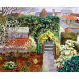 ANN REES oil on board - garden scene entitled verso 'View From the Artist's Window', signed &