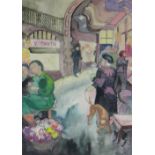 CLAUDIA WILLIAMS watercolour - shopping arcade scene with numerous figures & lady with a dog,
