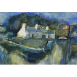 WILL ROBERTS watercolour - white washed cottage in Pembrokeshire landscape, entitled verso on
