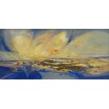 RONALD LOWE oil on board - blue landscape with yellow and blue sky, signed, 24 x 49cms