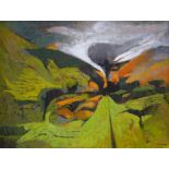 JOHN ELWYN acrylic on board - spring landscape with snow, entitled verso 'Changing Seasons' on