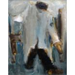 WILL ROBERTS oil on board - figure pushing wheelbarrow, entitled verso on Attic Gallery label 'Man