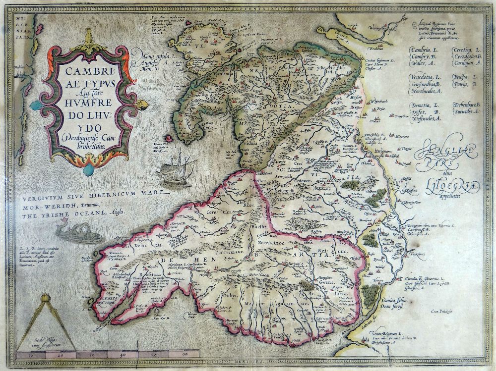 HUMPHREY LLWYD coloured and tinted late sixteenth century antiquarian map - 'Cambriae Typus' being