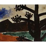 JOSEF HERMAN RA mixed media - tree in landscape, entitled verso 'Tree I', signed verso, 19 x 24cms