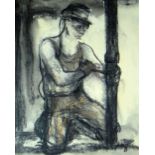 VALERIE GANZ charcoal - single miner erecting scaffold on knees, signed, 25.5 x 20cms
