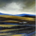 JOHN CLEAL oil on canvas - landscape with remote cottage entitled verso 'Preseli Foothills', signed,