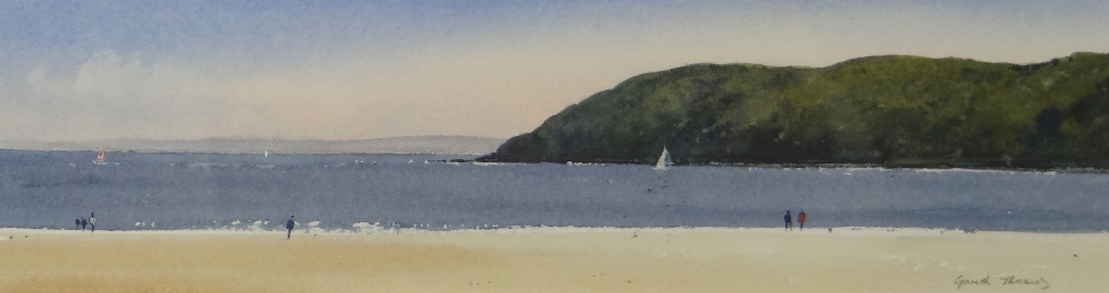 GARETH THOMAS watercolour - quiet beach and headland with figures and sailboats, entitled verso '