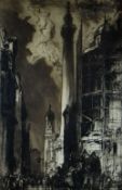 SIR FRANK BRANGWYN RA etching - 'Blitz London' with figures and architectural study, signed fully in