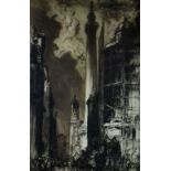 SIR FRANK BRANGWYN RA etching - 'Blitz London' with figures and architectural study, signed fully in