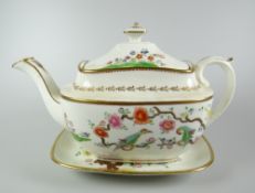 A SWANSEA PORCELAIN TEAPOT & STAND, the teapot of rounded rectangular form with spurred loop