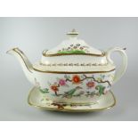 A SWANSEA PORCELAIN TEAPOT & STAND, the teapot of rounded rectangular form with spurred loop