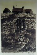 SIR KYFFIN WILLIAMS RA artist's proof print - farmer with sheep dog & bucket at Cilgwyn, signed in