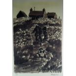 SIR KYFFIN WILLIAMS RA artist's proof print - farmer with sheep dog & bucket at Cilgwyn, signed in