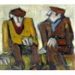 MIKE JONES mixed media - seated figures, entitled verso 'Two Men Talking', signed, 23 x 24cms