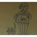 SIR KYFFIN WILLIAMS RA pencil on brown paper - self-portrait caricature holding a drawing and with