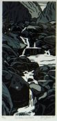 ANN LEWIS limited edition (14/15) linocut - waterfall, entitled verso 'Syrthio, Syrthio', signed and