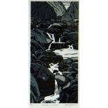 ANN LEWIS limited edition (14/15) linocut - waterfall, entitled verso 'Syrthio, Syrthio', signed and