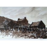 SIR KYFFIN WILLIAMS RA colourwash print - of a hillside farmstead with outbuildings, signed in full,