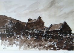 SIR KYFFIN WILLIAMS RA colourwash print - of a hillside farmstead with outbuildings, signed in full,