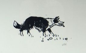 SIR KYFFIN WILLIAMS RA woodcut - stalking sheep dog, signed with initials, 27 x 48cms