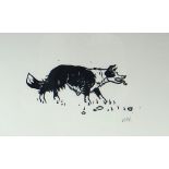 SIR KYFFIN WILLIAMS RA woodcut - stalking sheep dog, signed with initials, 27 x 48cms