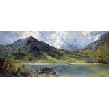 CHARLES WYATT WARREN oil on board - Snowdonia lake with silver-birch trees, signed, 23.5 x 54cms