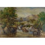 MANNER OF DAVID COX watercolour - river scene with gauge & bridge and timber cart with horses on the