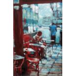 MEIRION JONES acrylic on board - cafe scene with man at counter & man seated, 9 x 19cms