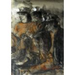 VALERIE GANZ charcoal and pastel - seated miners with their helmet torches illuminated, entitled '