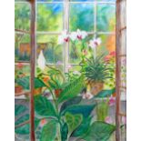 ANN REES acrylic on canvas - botanical study in window, entitled verso 'In the Conservatory', signed