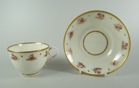 A SWANSEA GLASSY PORCELAIN CUP & SAUCER decorated with a series of open pink roses and gilding
