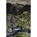 SIR KYFFIN WILLIAMS RA colourwash print - Nant Peris with farmstead at the bottom of a slope, signed