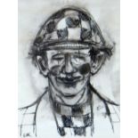 KAREL LEK colourwash - head & shoulders of a jovial smiling clown, signed in full, 26 x 20cms