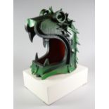 FRANK ROPER ARCA aluminium sculpture on wooden plinth - painted head of dragon with mouth open and