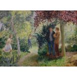 FELICITY CHARLTON oil on board - figures in garden, entitled verso 'The Garden', signed verso, 45