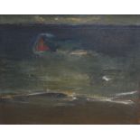 WILL ROBERTS oil on canvas - shoreline with horizon & sailboat, Howard Roberts Gallery label