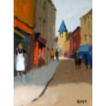 DONALD McINTYRE oil on board - figures outside shop fronts with church in background entitled