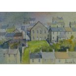 CHRIS GRIFFIN watercolour - chapel & South Wales Valley town, signed & dated '90, 12 x 16cms