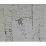 ERIC MALTHOUSE pen & ink drawing - figures and bicycle, signed, 23.5 x 28cms Provenance: The