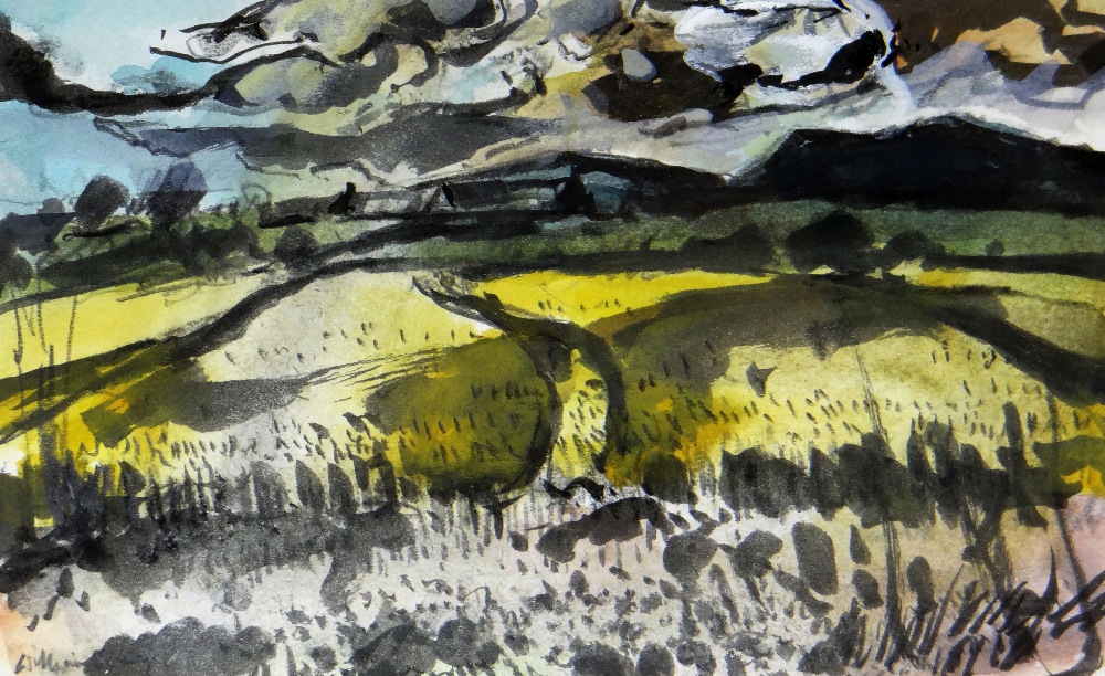 WILLIAM SELWYN mixed media - farmland with rooftop, entitled verso 'Hayfield I' on Tegfryn Gallery